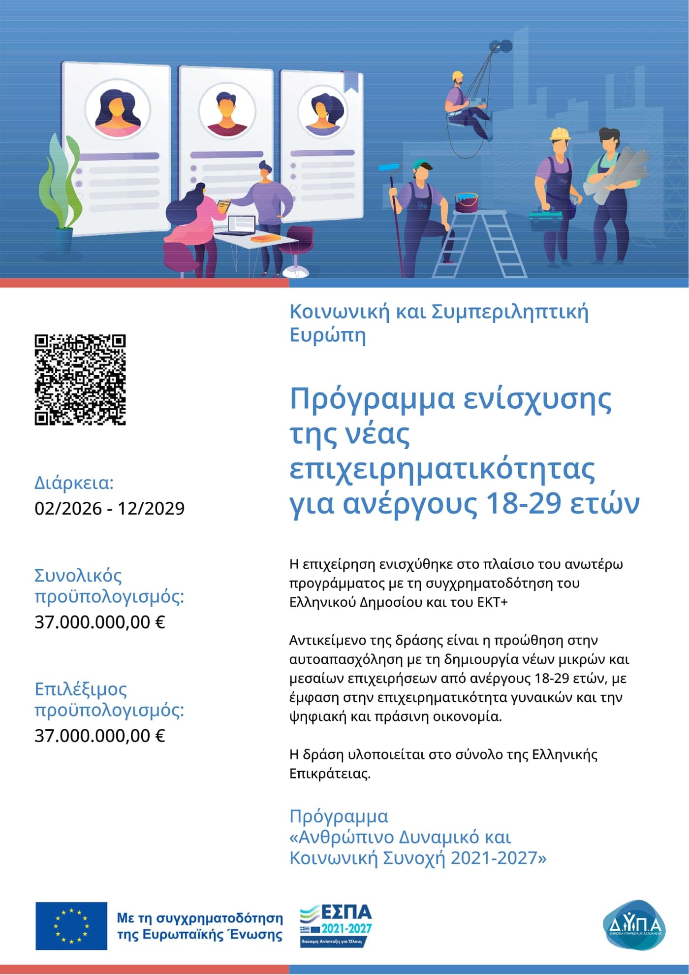 Αφίσα Α3 του Προγράμματος ενίσχυσης της νέας επιχειρηματικότητας για ανέργους 18-29 ετών, με τα στοιχεία της δράσης και τη σηματοδότηση ΕΣΠΑ 2021-2027